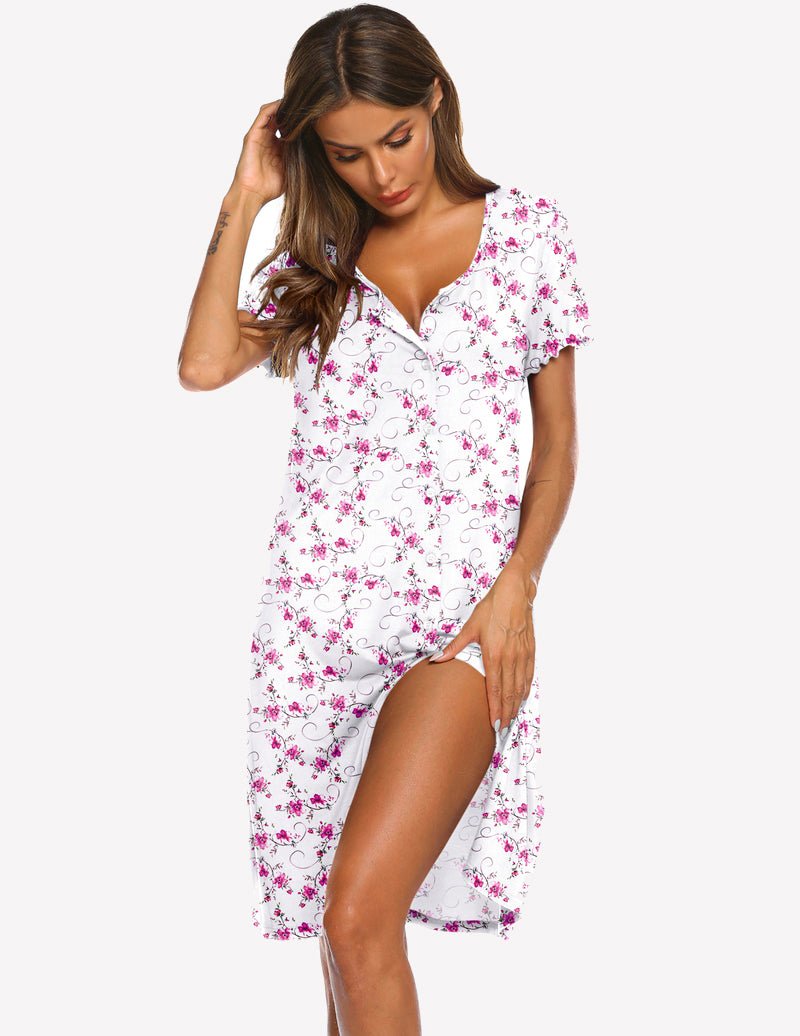 White with pink floral cotton nightgown with V-neck, short sleeves, button front, side slit