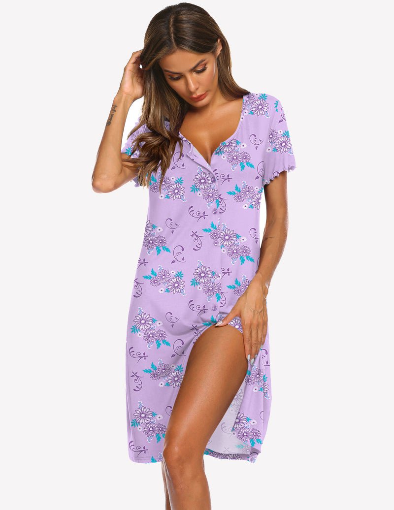 Purple floral cotton nightgown with V-neck, short sleeves, button front, and side slit