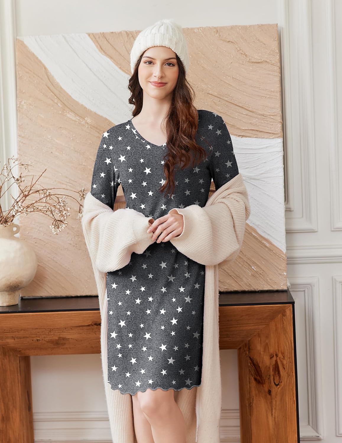 Heather gray long-sleeve cotton nightgown with star print, V-neck and scalloped hem