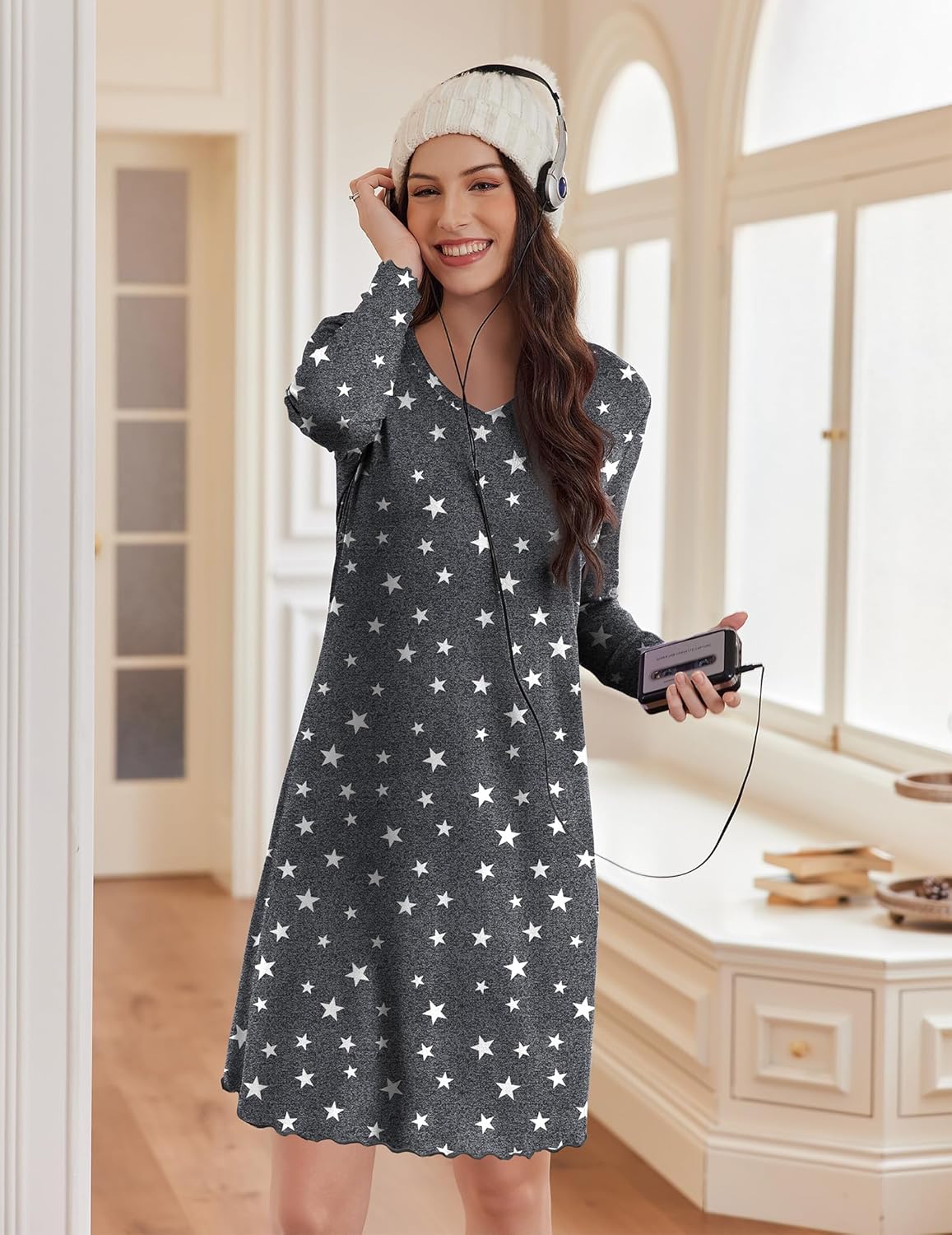 Heather gray star-print long-sleeve sleepshirt, V-neck and scalloped hem