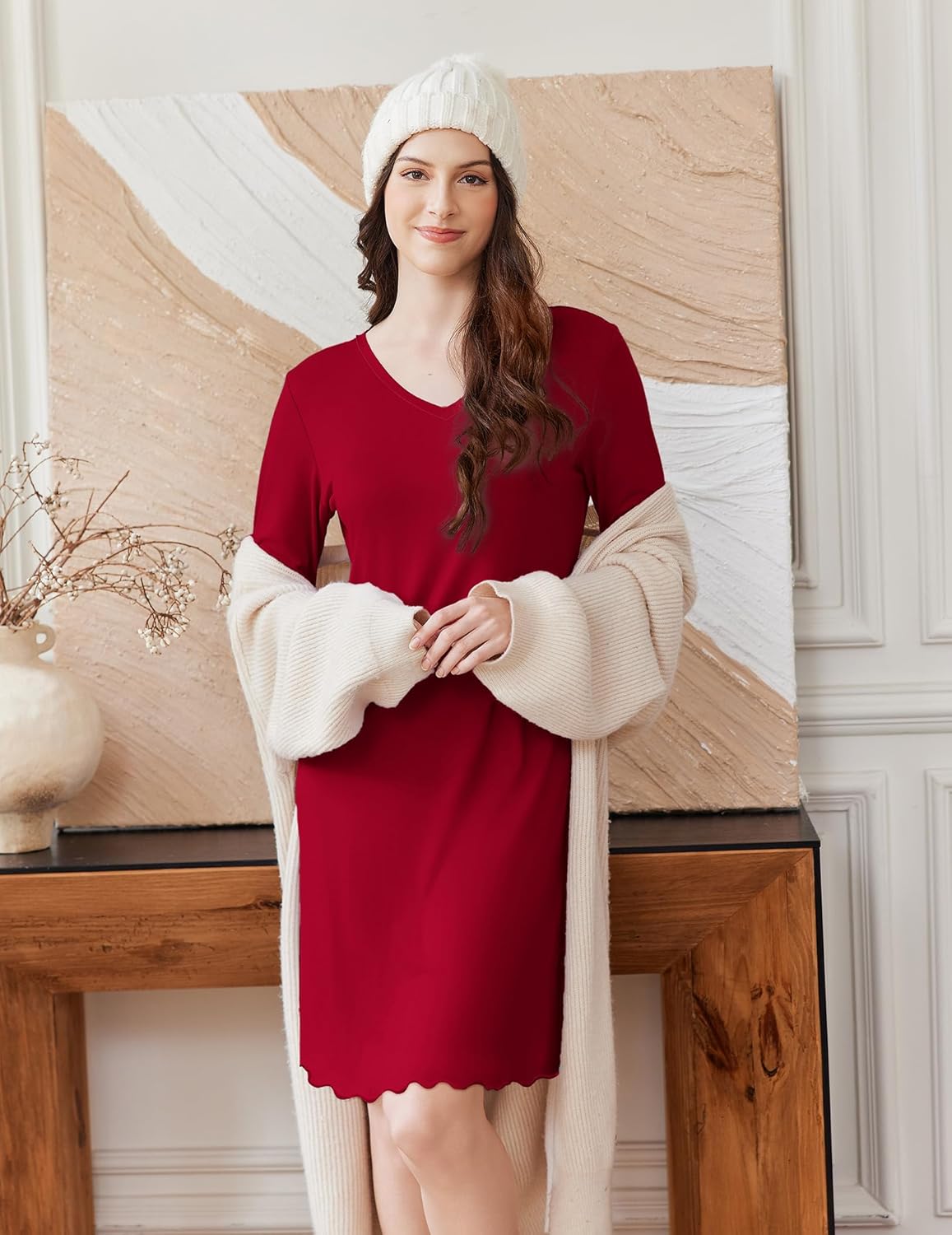 Deep red long-sleeve cotton nightgown, V-neck with scalloped hem and cuffs