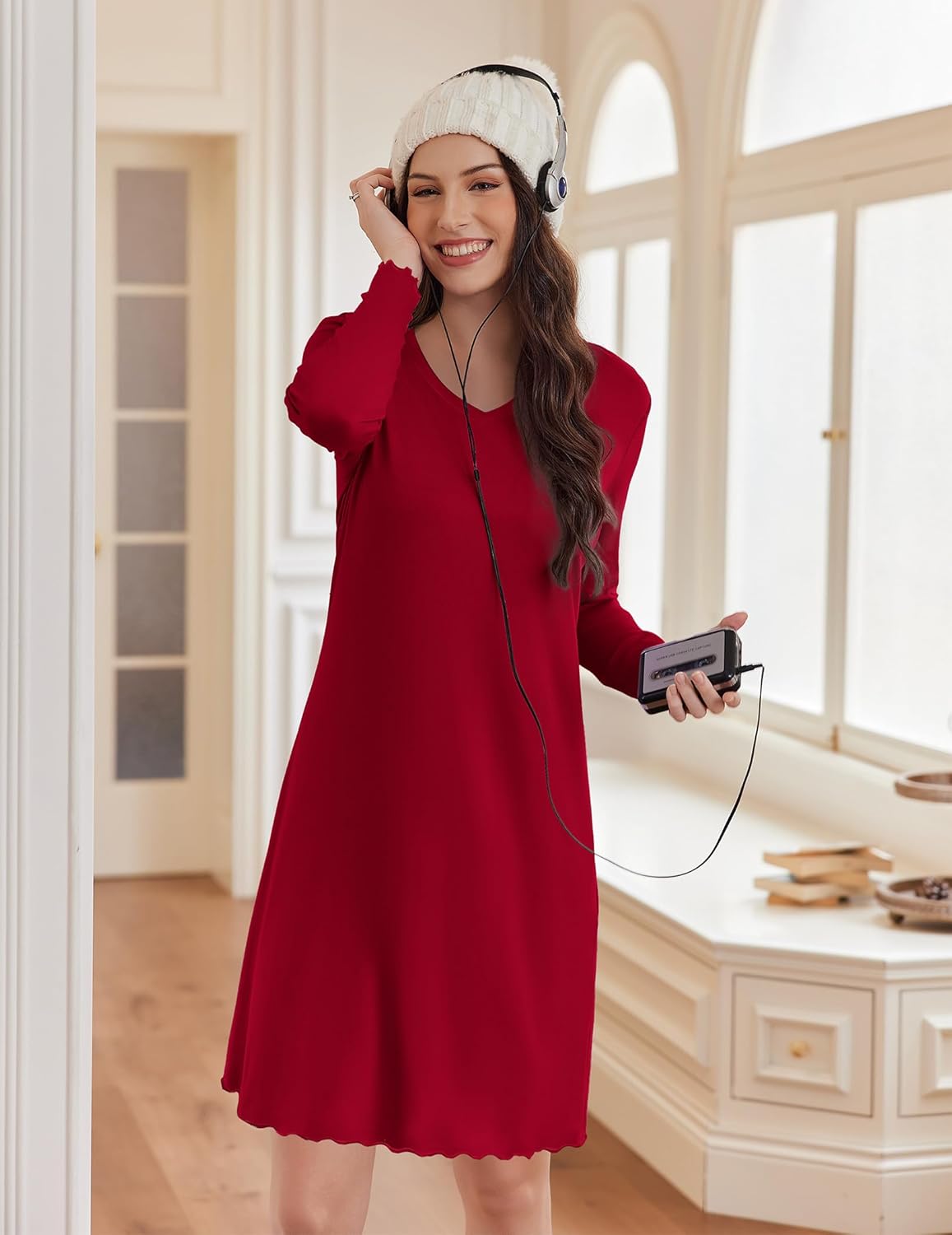 Ekouaer cotton nightgown, wine red long-sleeve with V-neck and button placket