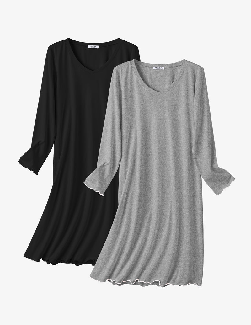 Cotton long-sleeve nightgown 2-pack: black and heather gray, V-neck, scalloped hem