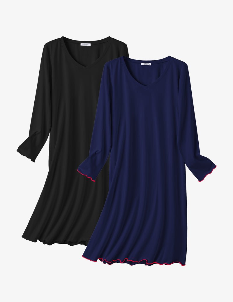 2-pack cotton nightgowns: black and navy blue long sleeve with wavy ruffle hem