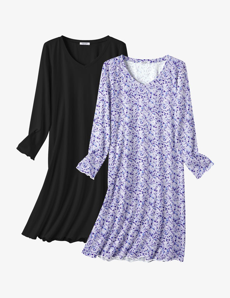 2-pack long-sleeve cotton sleepshirts: solid black and light purple floral star print