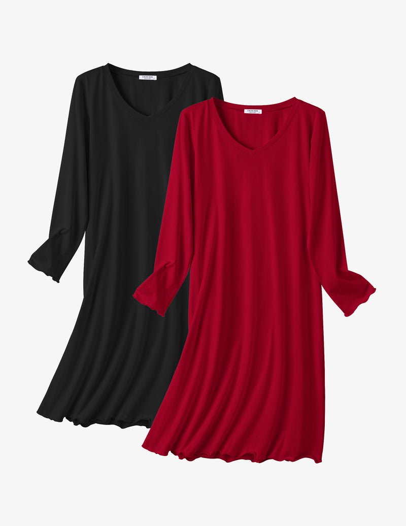 Cotton nightgowns 2-pack: black and red long-sleeve V-neck sleepshirts