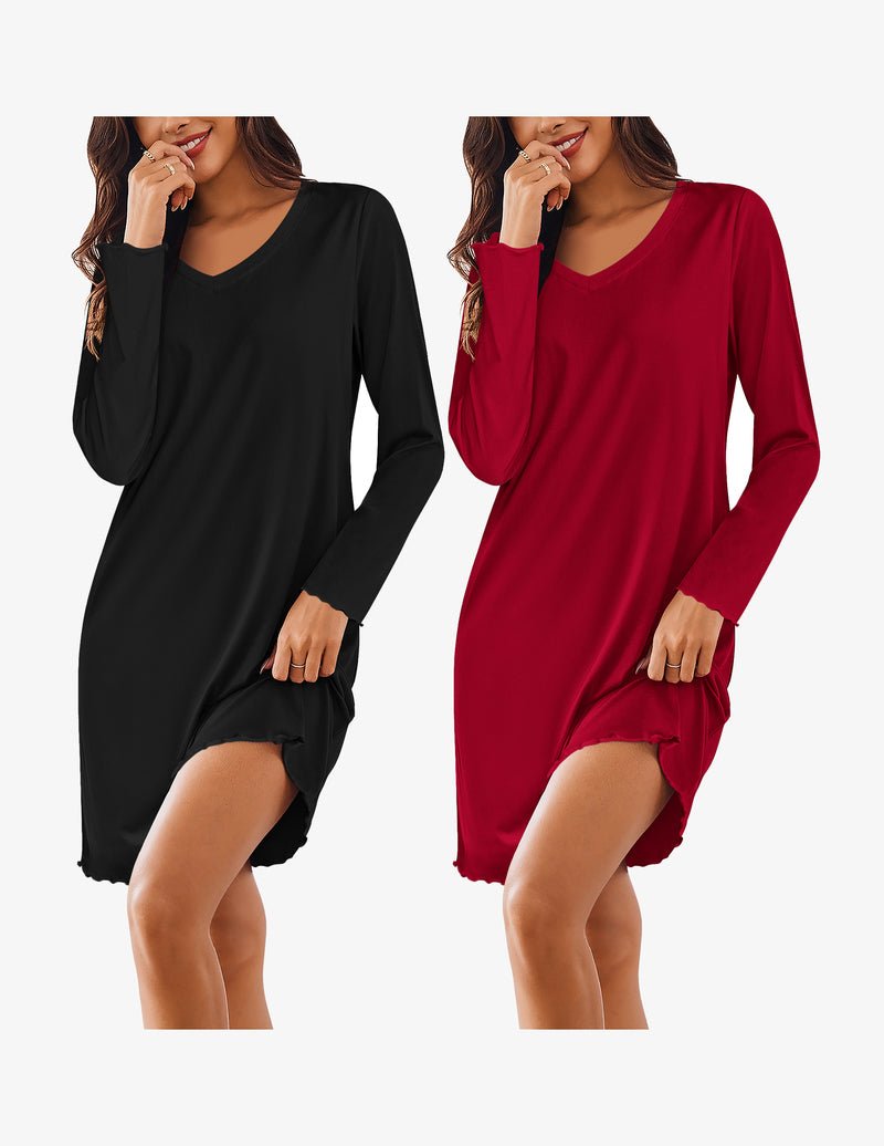 Long-sleeve cotton sleepshirt pair: black and red V-neck nightgowns