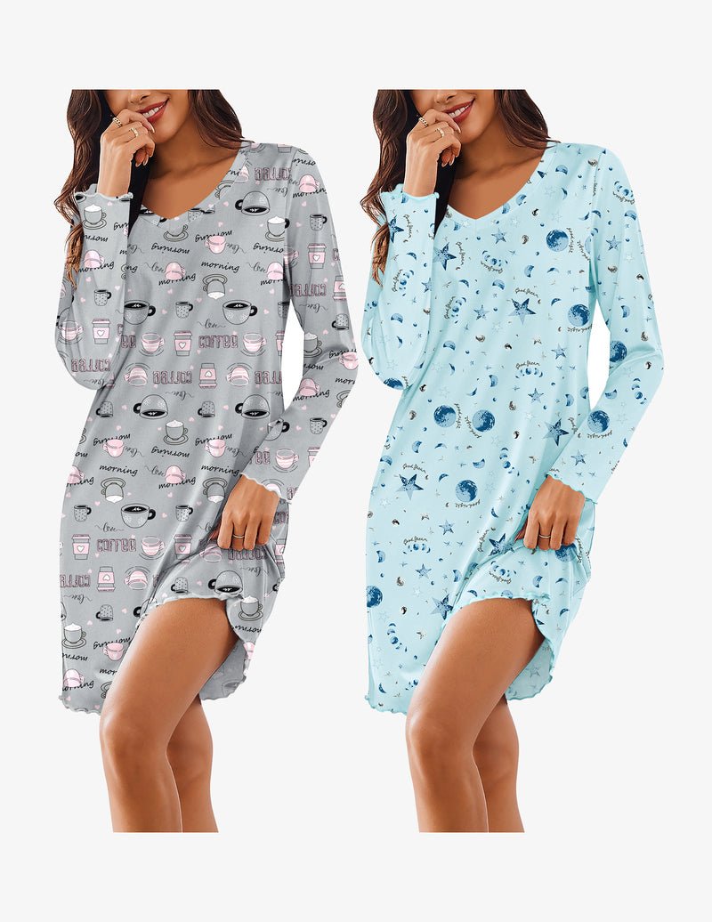 Cotton sleepshirt set on model: gray coffee cup print and light blue galaxy print