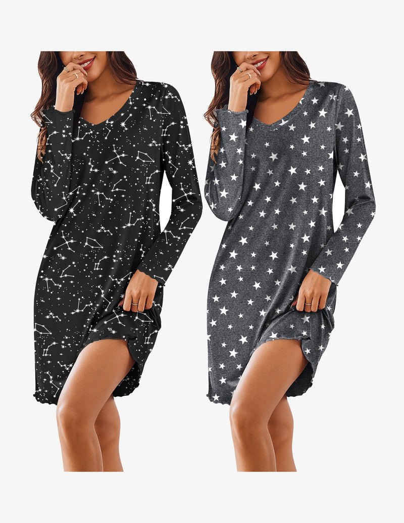 Cotton sleepshirt set on model: black constellation print and dark gray star print