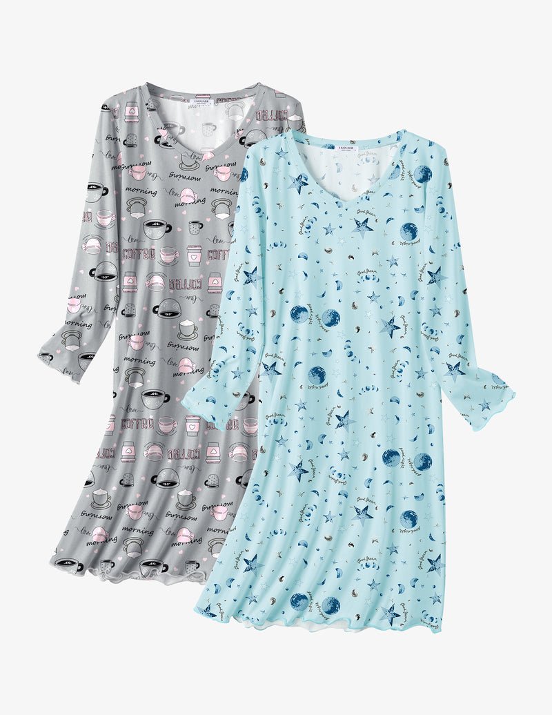2-pack cotton sleepshirts: light gray coffee cup print and light blue galaxy print