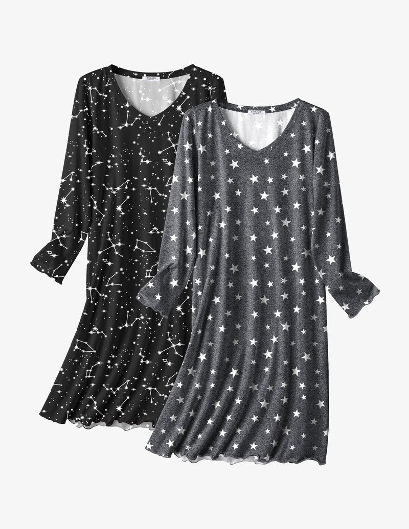 2-pack cotton sleepshirts with star and constellation prints, long sleeves and scoop neck