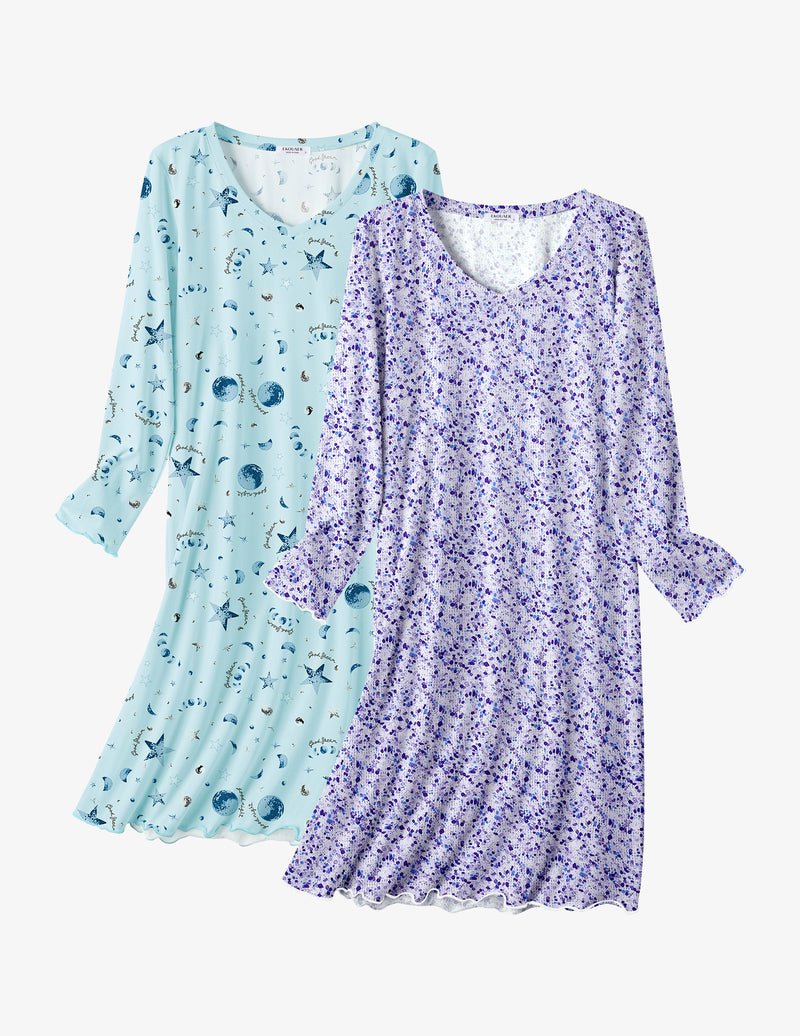 Cotton nightgowns 2-pack: light blue celestial print and light purple speckle print