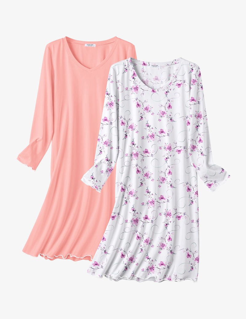 2-pack cotton nightgowns: pink solid and white with pink floral print, ruffle hem