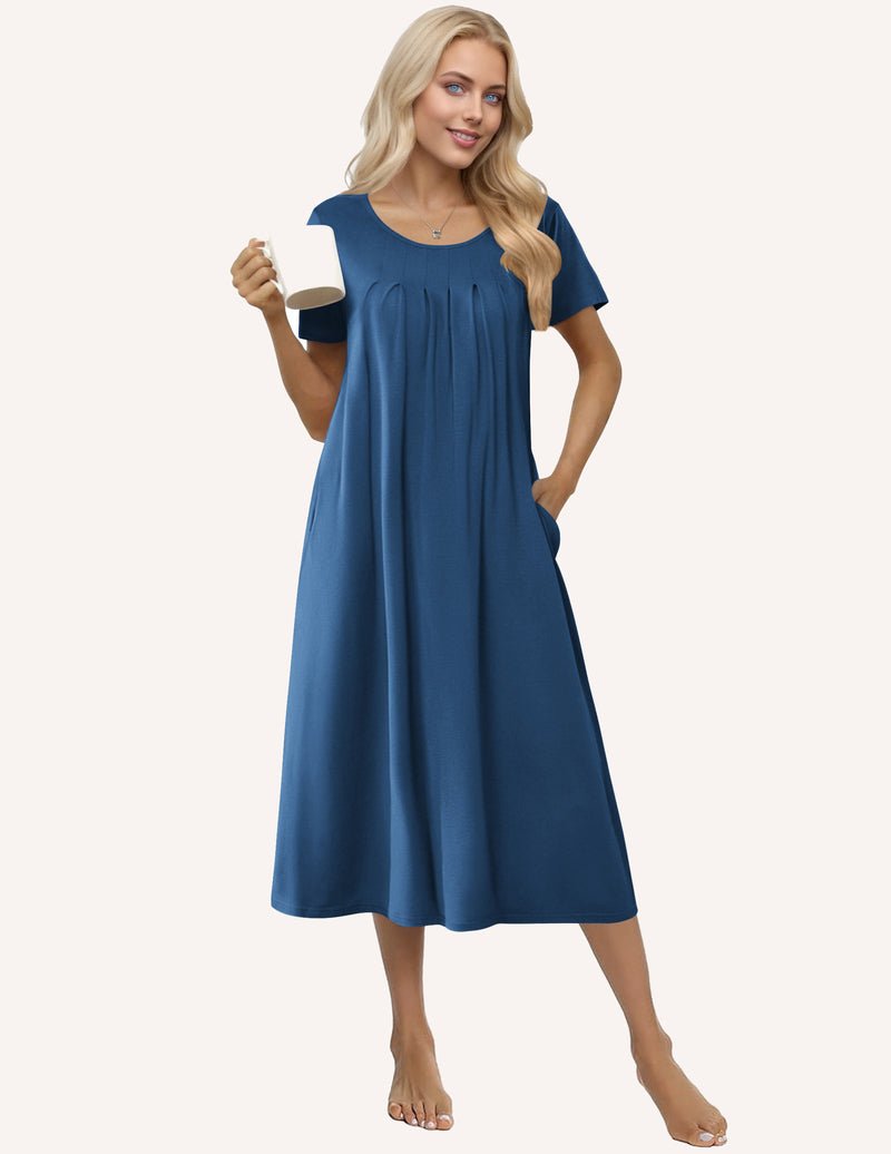Blue long house dress nightgown with pleated neckline, short sleeves, mid-calf length