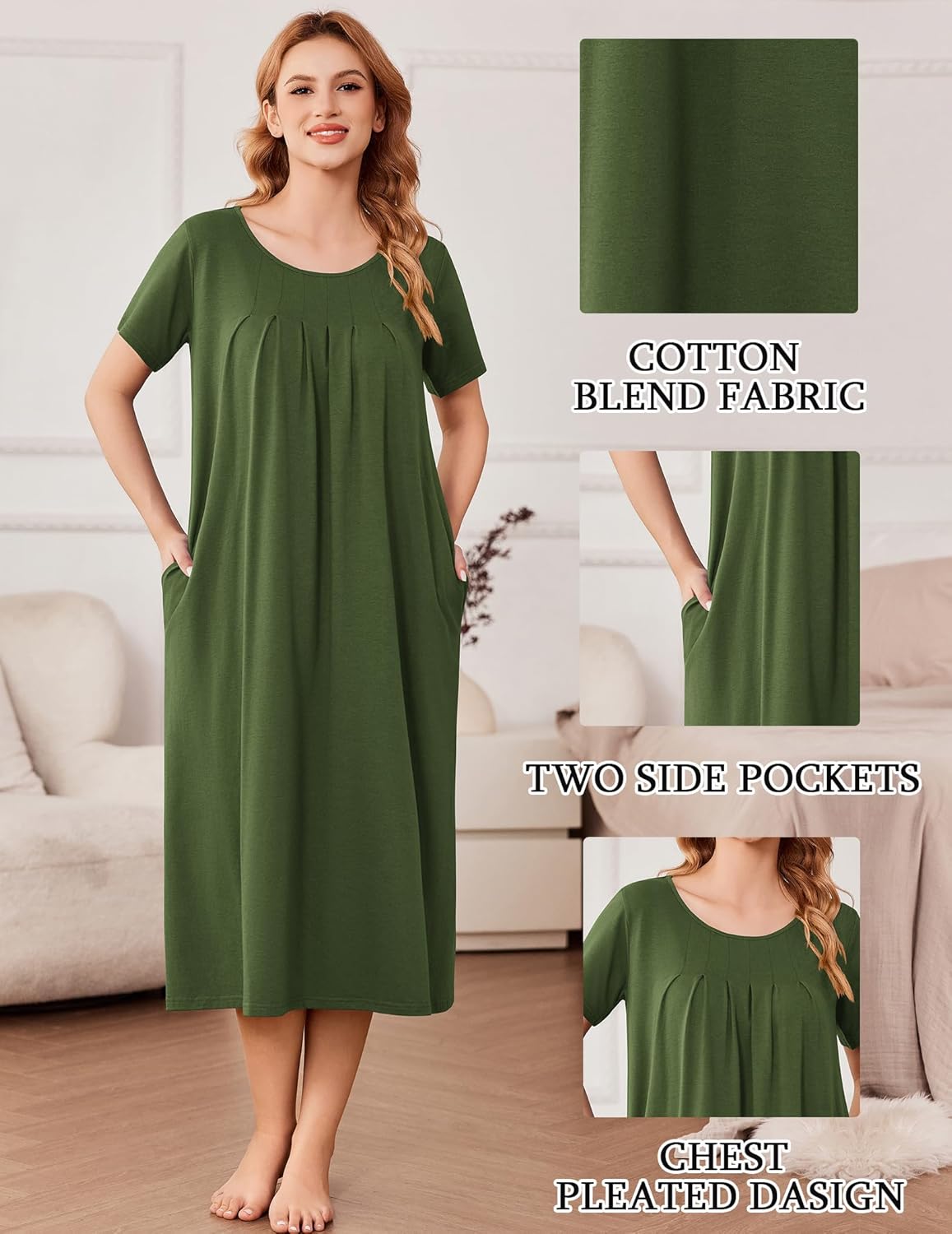Green cotton nightgown dress with short sleeves, pleated chest and side pockets