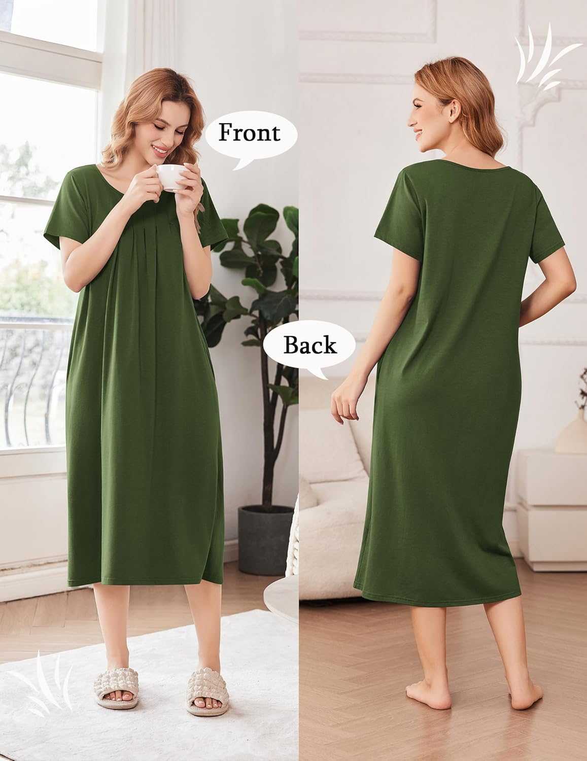 Green long nightgown dress, front and back view; short sleeves, round neck