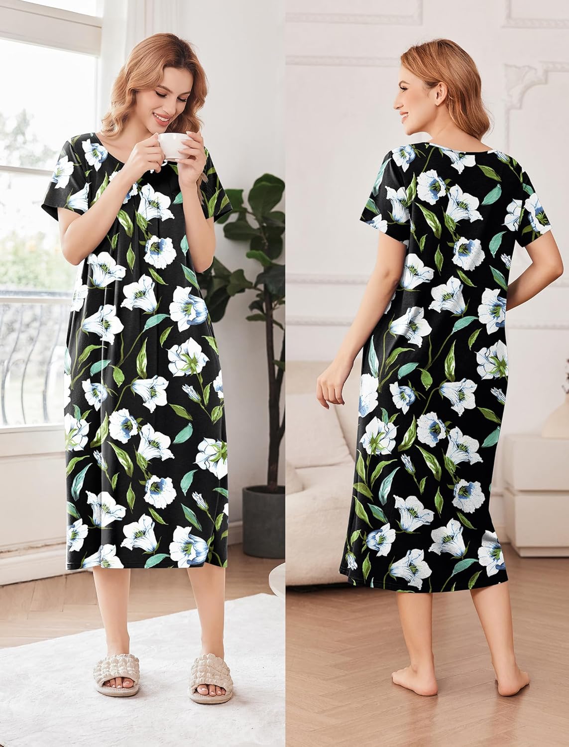 Long cotton nightgown, black base with white and green floral print