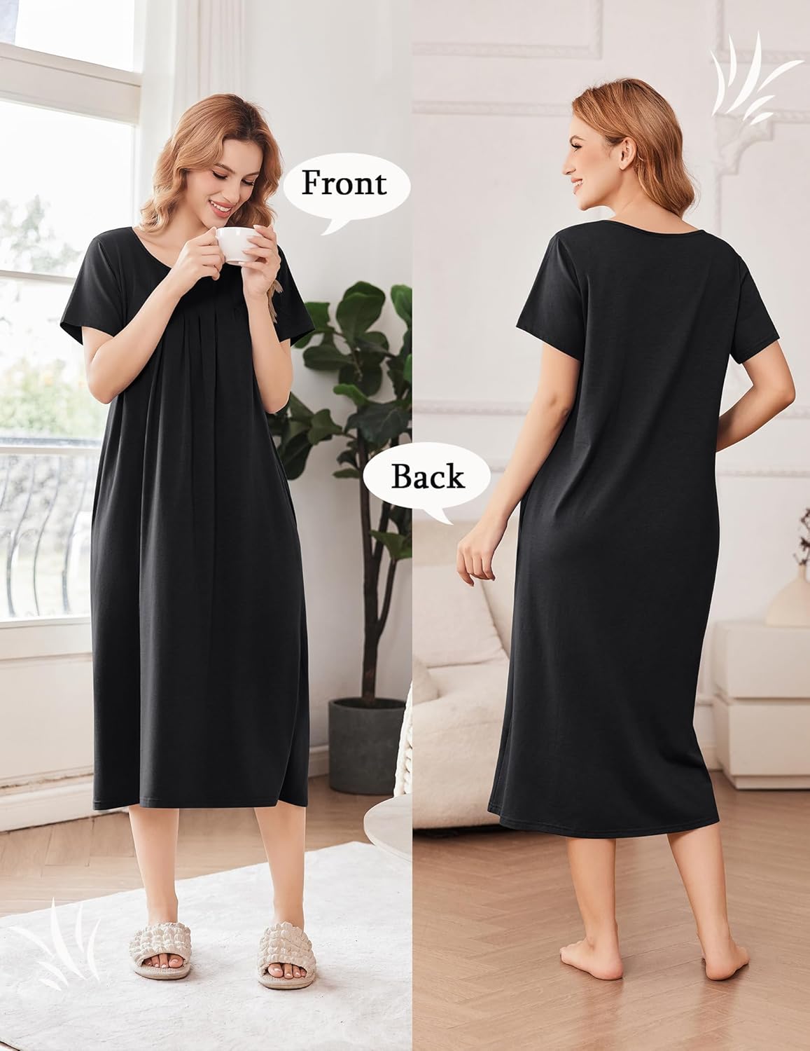 Schwarzes Baumwoll-Nachthemd für Damen, vorn & hinten, kurze Ärmel, Faltenbrust