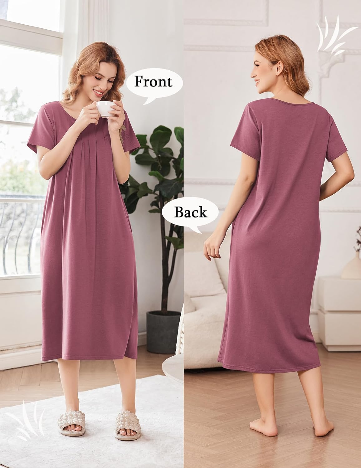 Dusty rose long house dress nightgown, front and back style shown