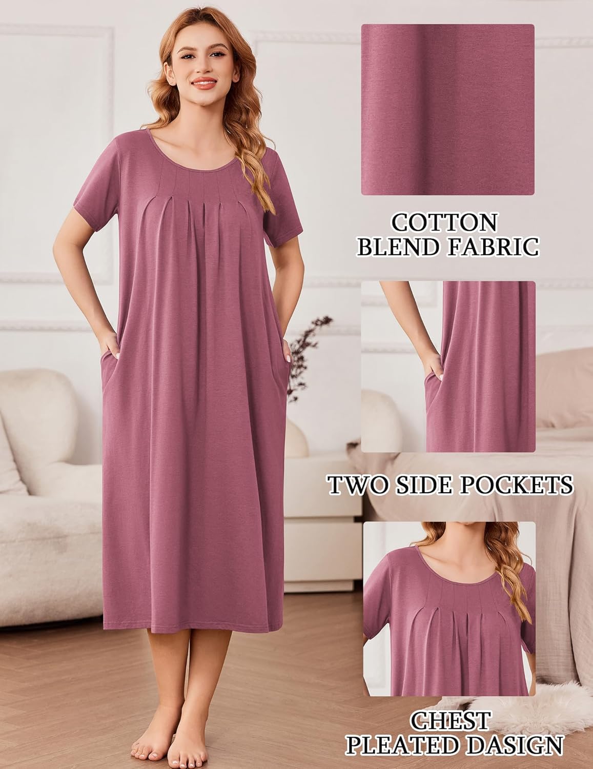 Dusty rose cotton nightgown with pleated chest detail and two side pockets