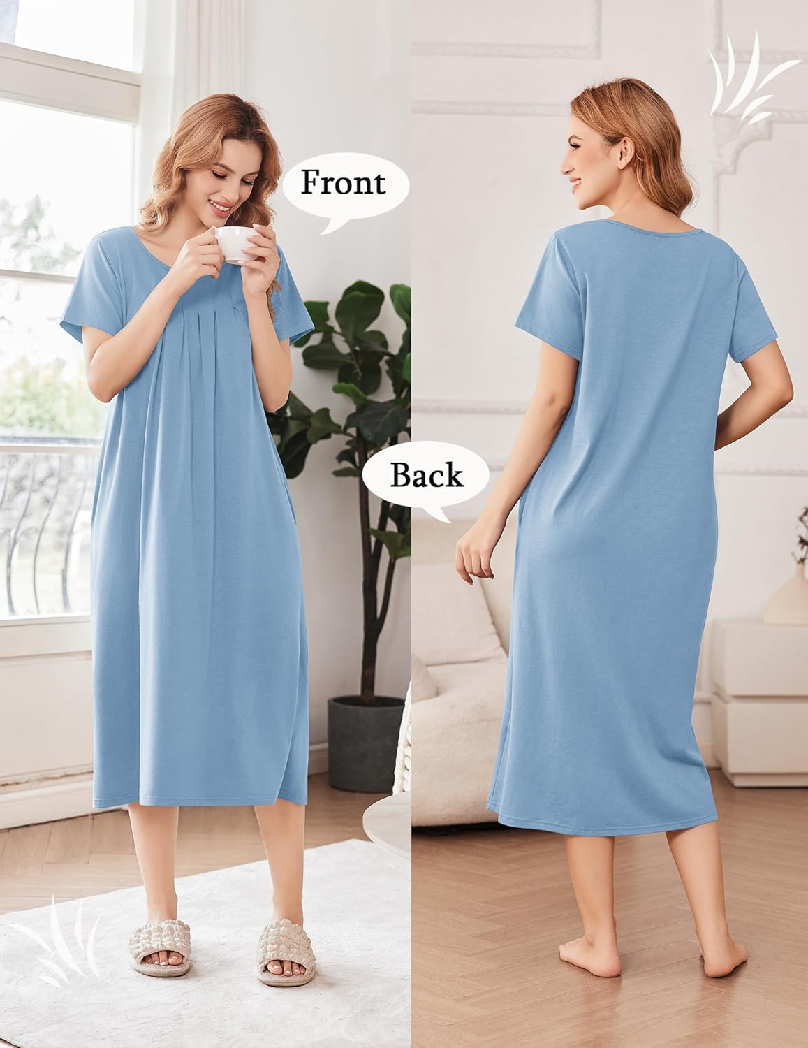 Light blue long house dress nightgown, front and back views, short sleeves