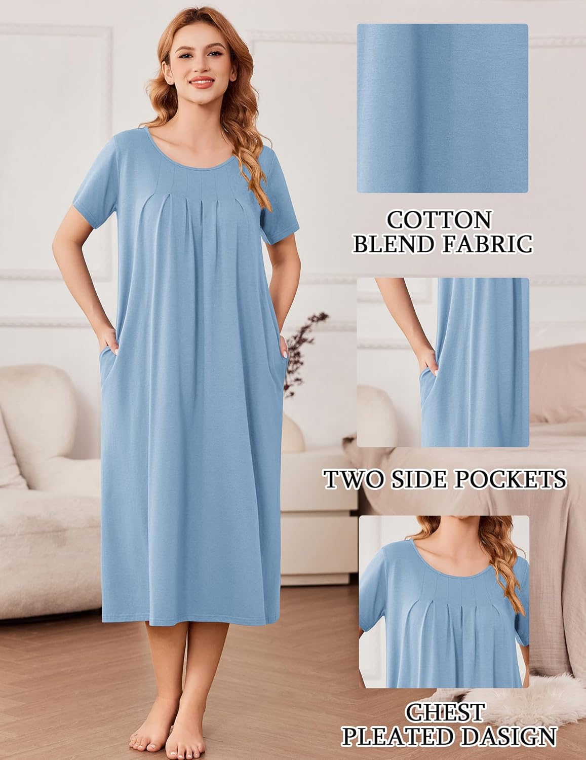 Light blue cotton blend nightgown with pleated chest, two side pockets, short sleeves