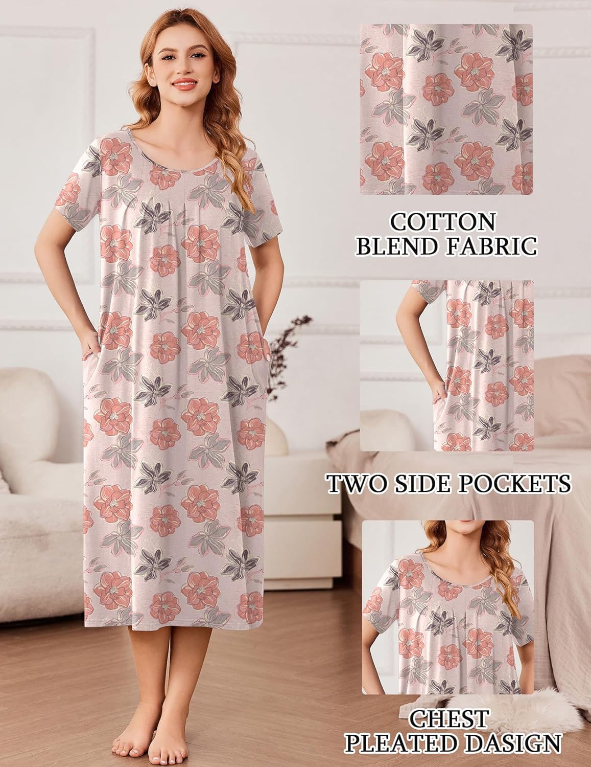 Pink floral cotton nightgown dress with short sleeves and round neckline