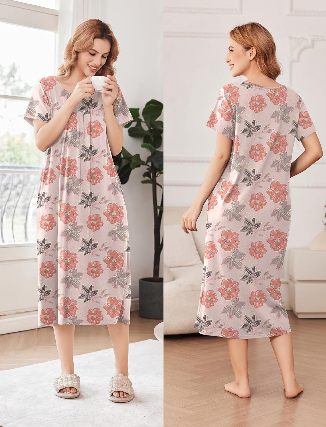 Pink floral nightgown dress, front and back view; short sleeves, round neck