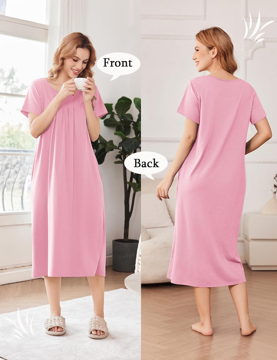 Pink long house dress nightgown, front and back views, short sleeves
