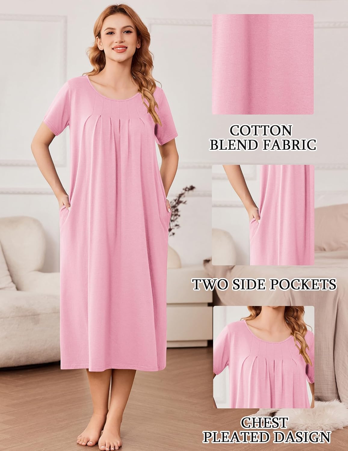 Pink cotton nightgown with pleated chest, two side pockets, short sleeves, long length