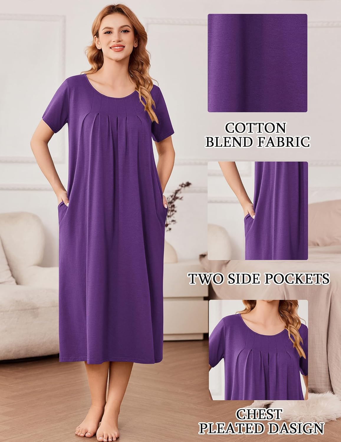 Purple cotton nightgown dress, short sleeves, pleated chest, side pockets