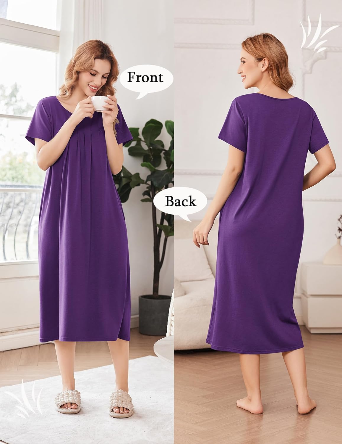 Purple long nightgown dress, front and back view; short sleeves, round neck