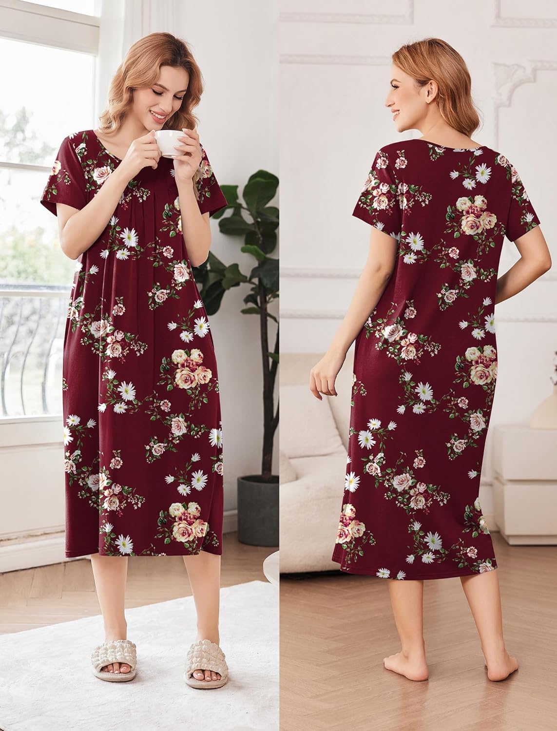 Wine red floral long nightgown, front and back view with short sleeves