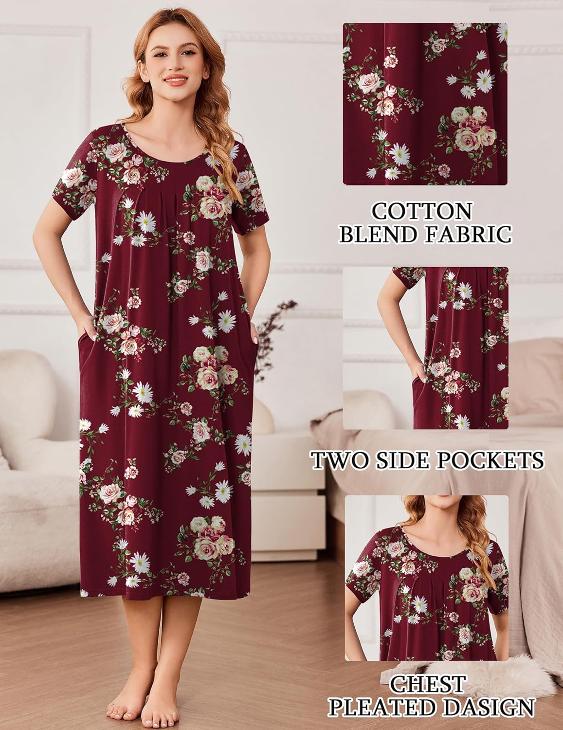 Wine red floral cotton nightgown with pleated chest and two side pockets