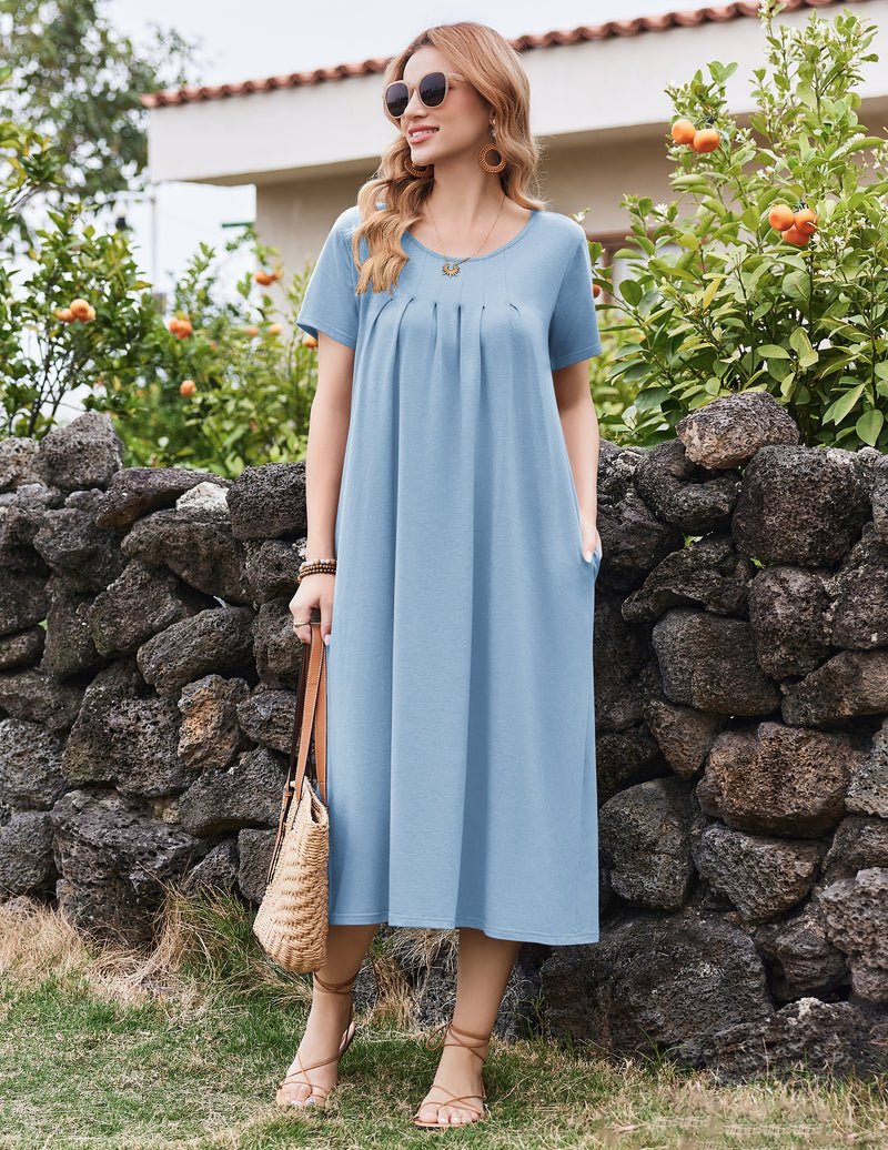 Women's long cotton nightgown dress, light blue, short sleeves, gathered bodice