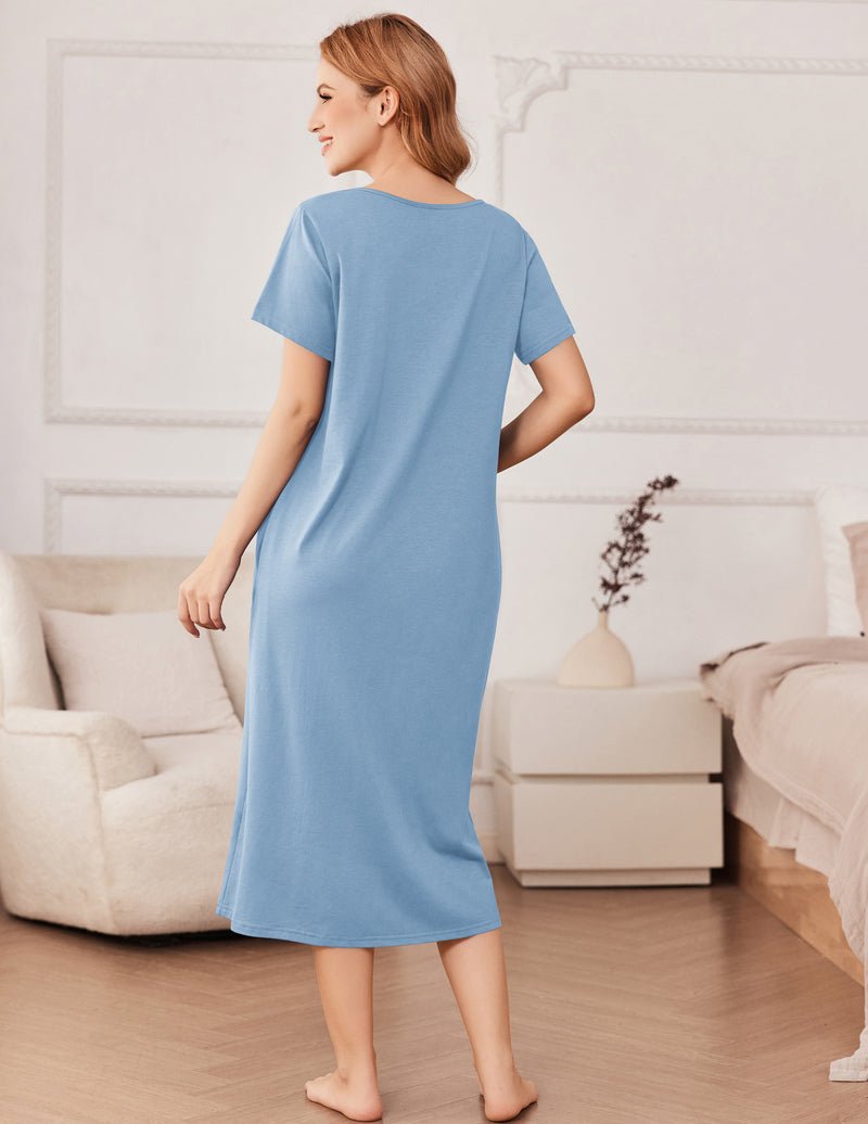 Light blue long nightgown, back view with short sleeves and scoop neckline