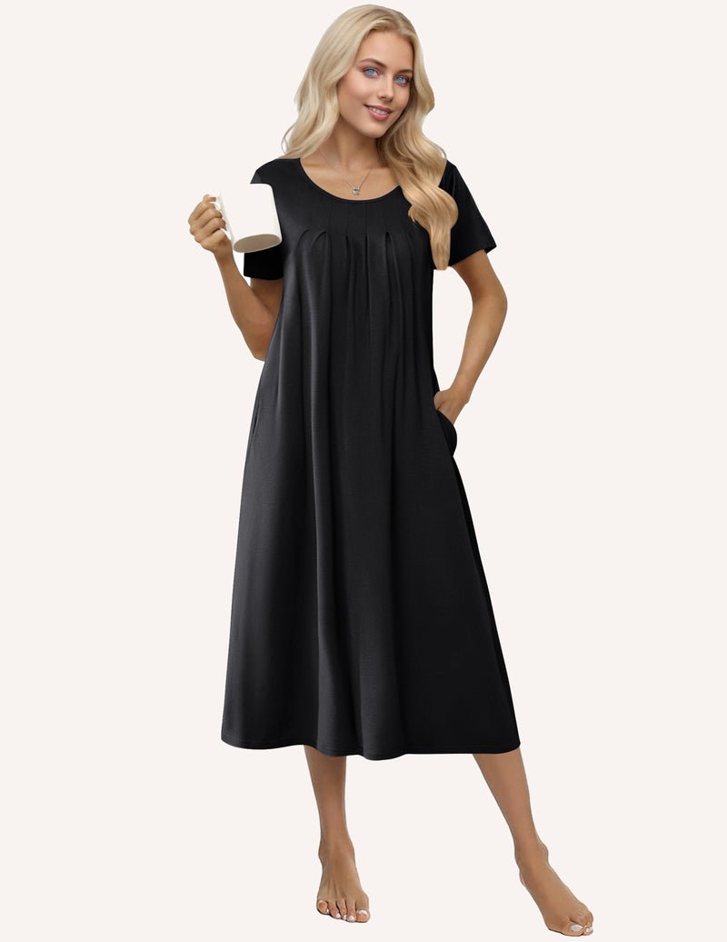 Women's long cotton nightgown dress in black, short sleeves, pleated neckline