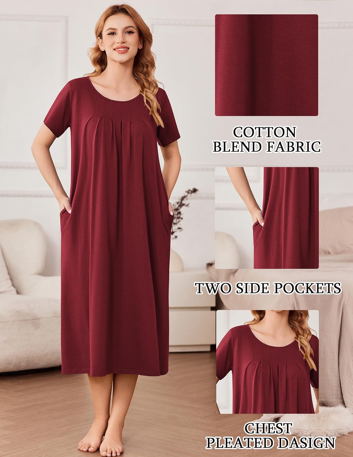 Wine red cotton nightgown with pleated chest, two side pockets, short sleeves