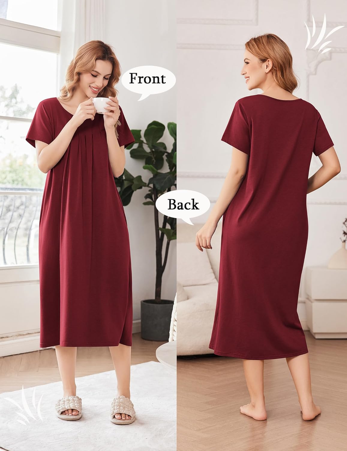 Wine red long house dress nightgown, front and back views, short sleeves