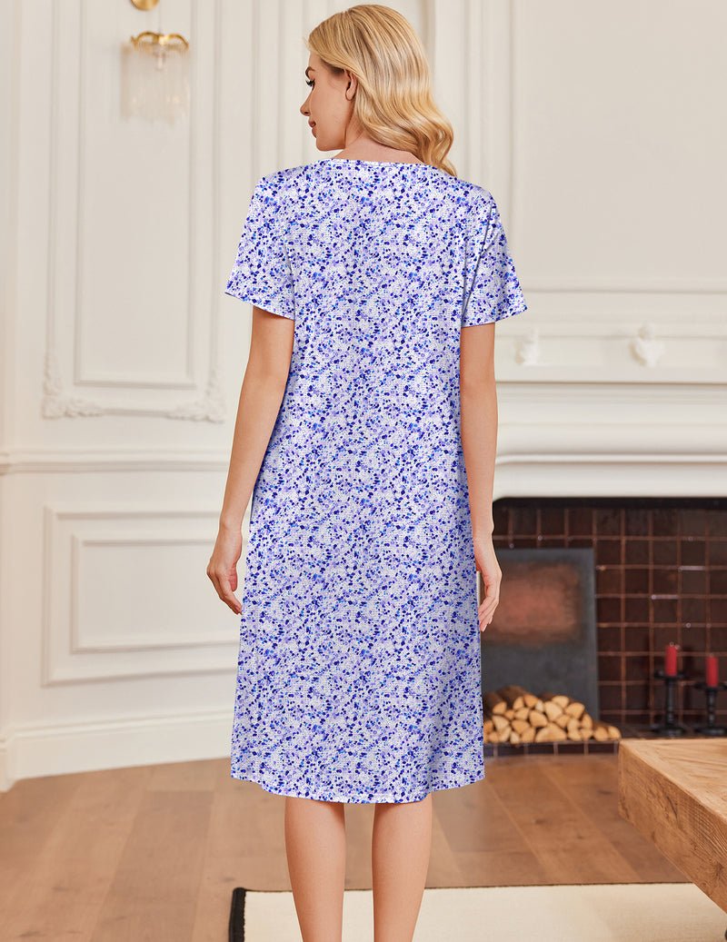 Women’s short-sleeve cotton nightgown, back view, purple floral print