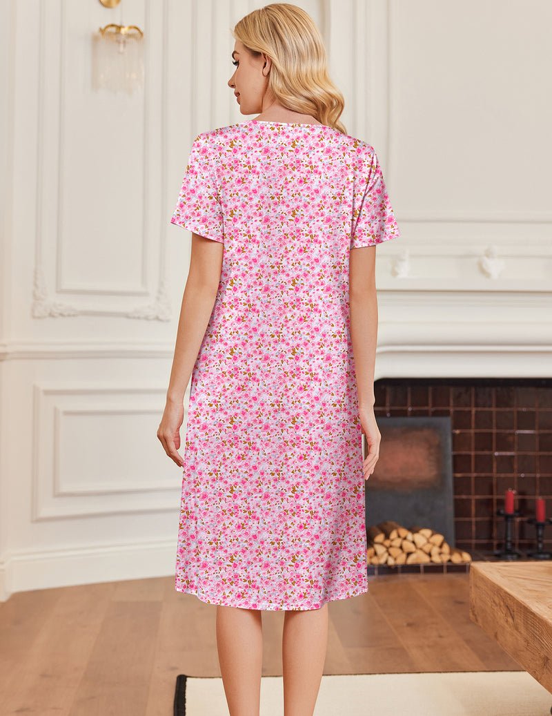 Pink floral short-sleeve nightgown, back view, midi length