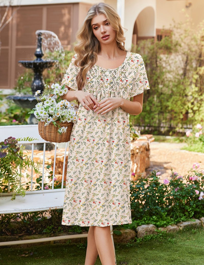 Women’s short-sleeve cotton nightgown, cream base with small floral print
