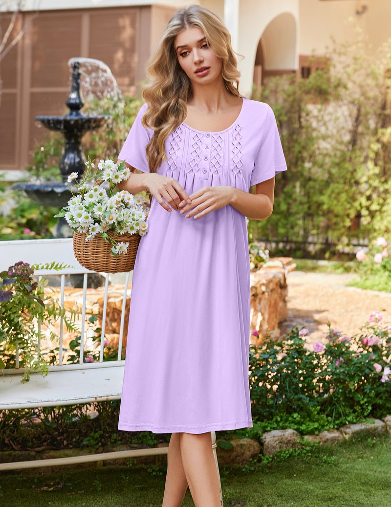 Lavender cotton nightgown, short sleeves, pintuck button-front yoke, midi length