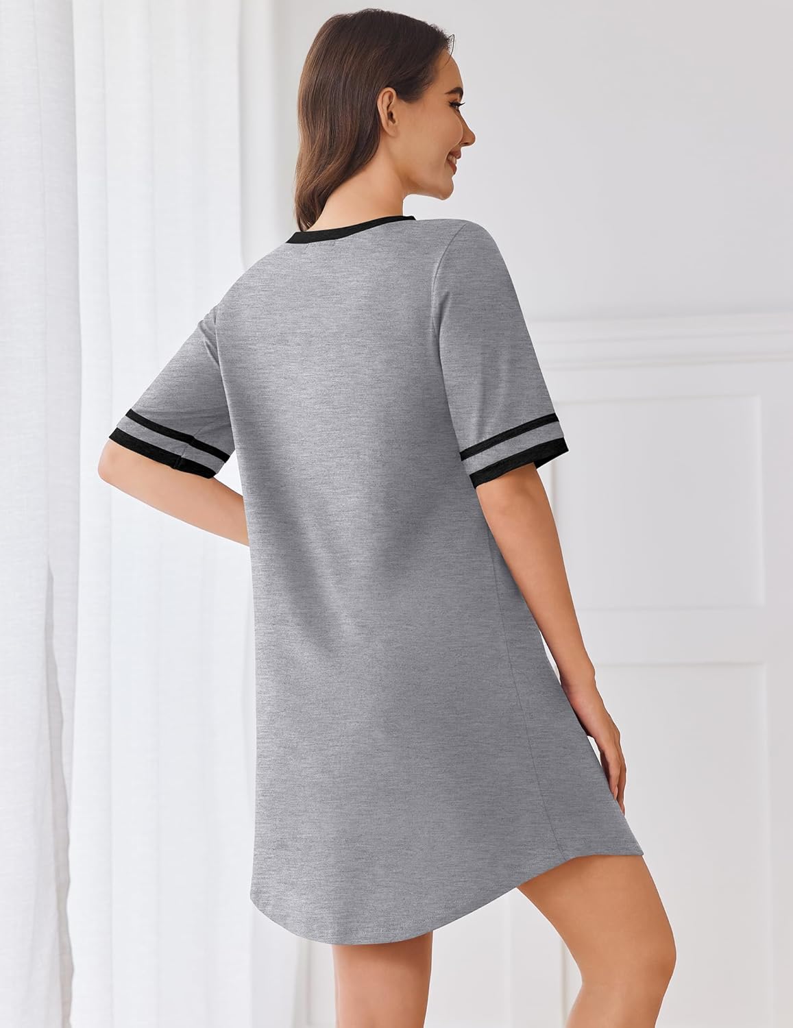 Women’s light gray cotton nightgown, black stripe cuffs, short sleeves, back view