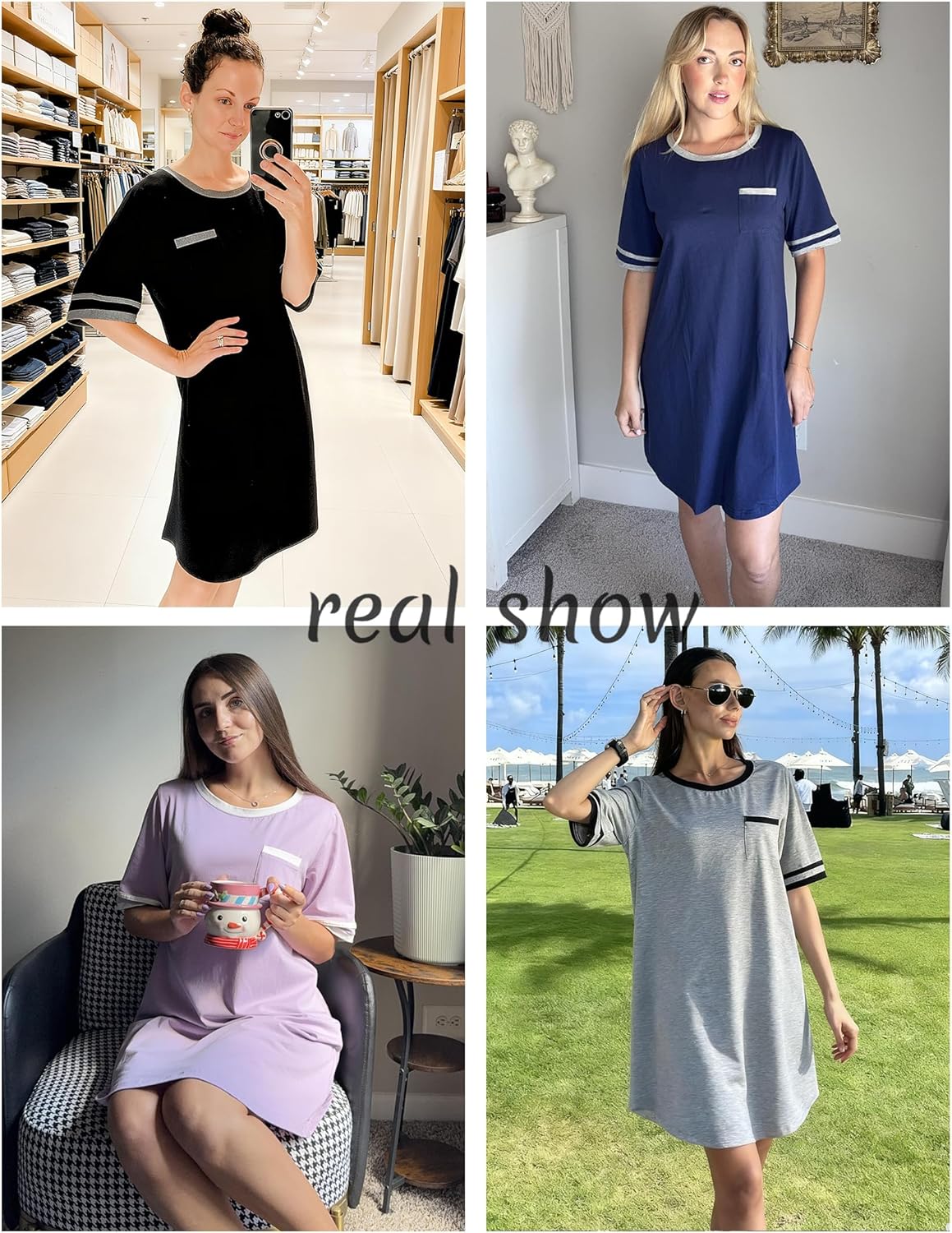 Cotton nightgown collage showing black, navy, lilac, and gray short-sleeve styles