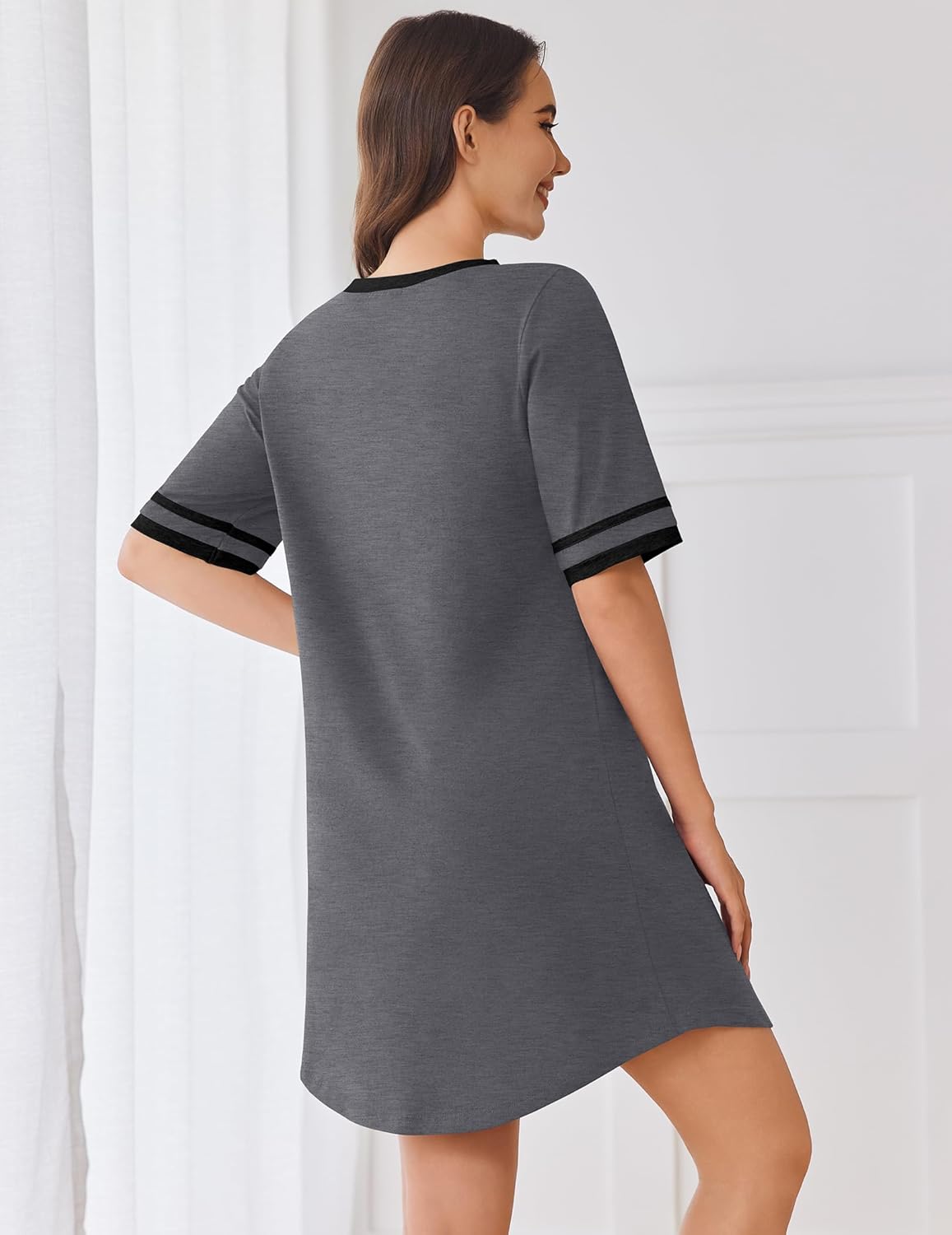 Charcoal gray short-sleeve nightgown, back view, contrast stripe trim at sleeves