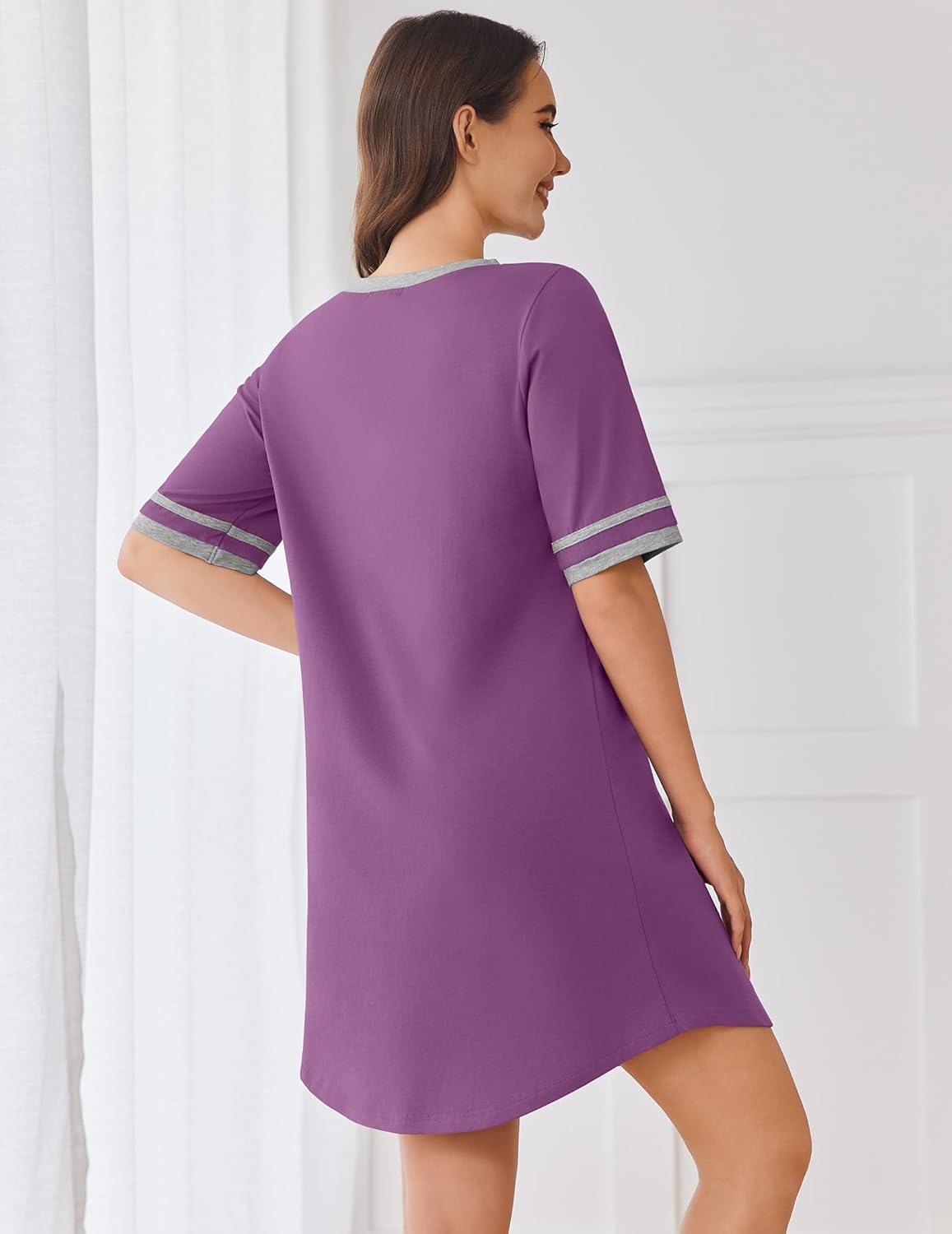 Lilac short-sleeve nightgown, back view, contrast stripe trim on sleeve cuffs