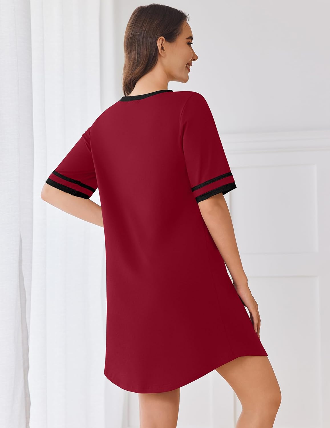 Wine red short-sleeve nightgown, back view, contrast stripe trim on sleeves
