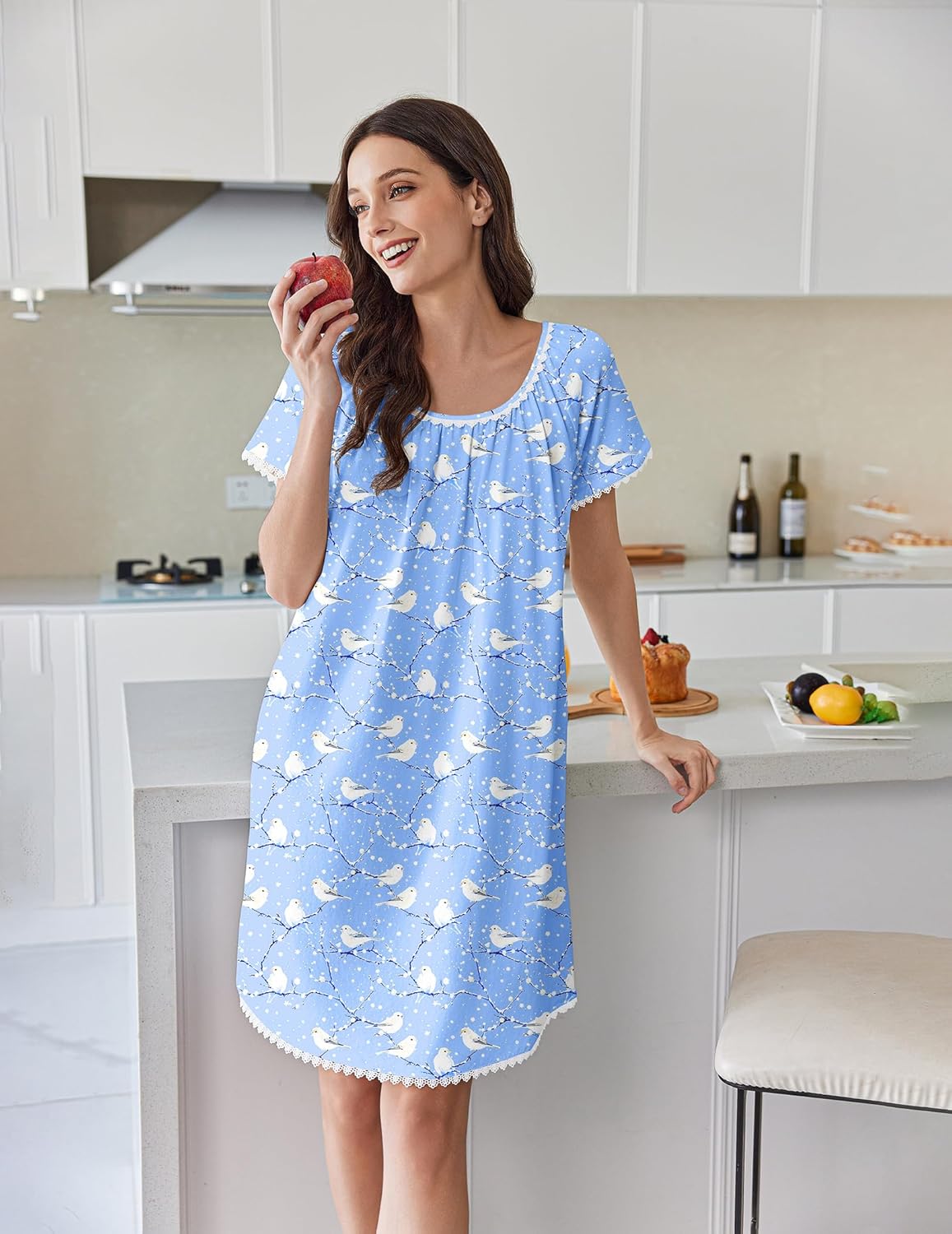 Light blue cotton nightgown with white print, lace-trim short sleeves and hem