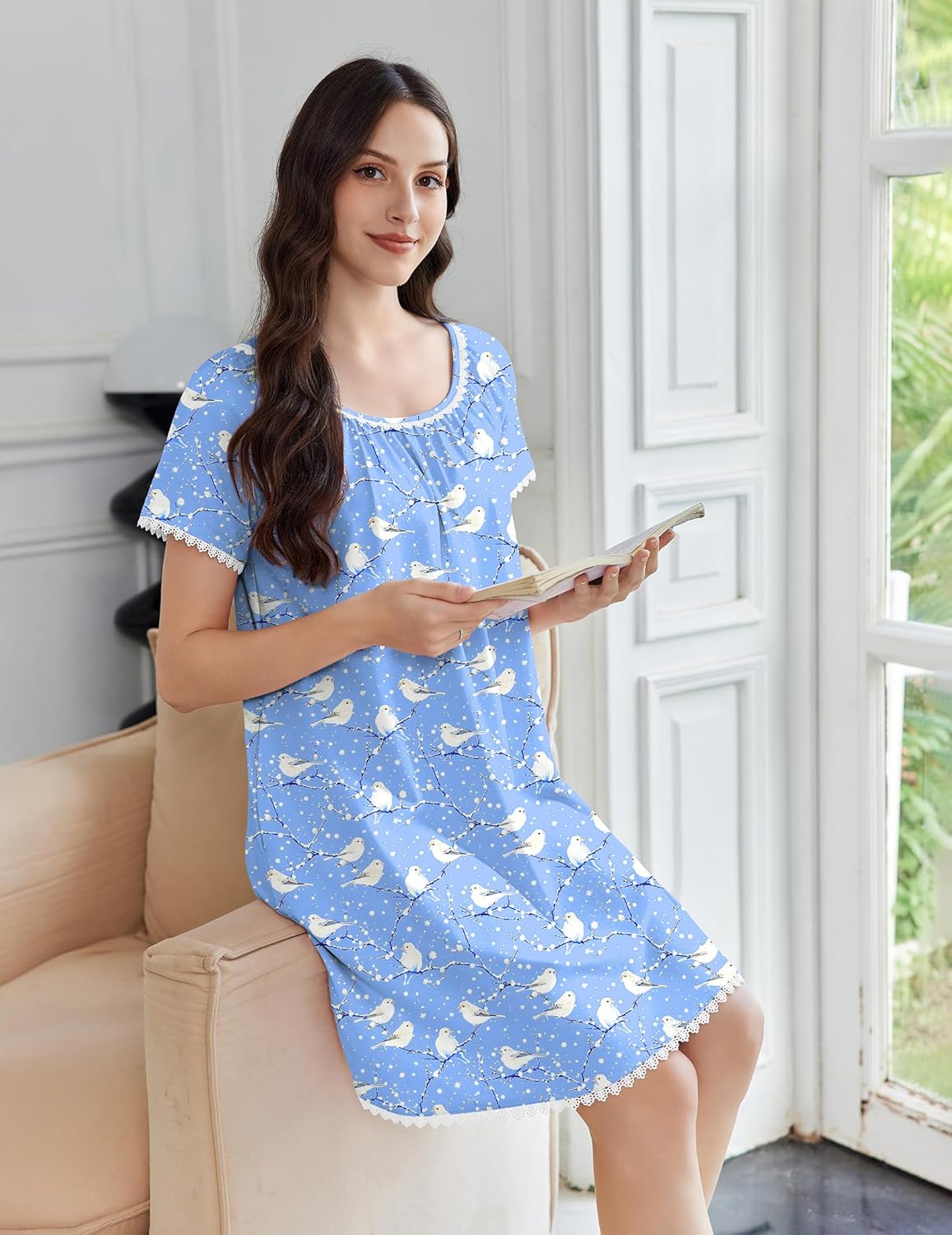 Light blue printed sleep dress with lace trim, short sleeves and scooped neckline